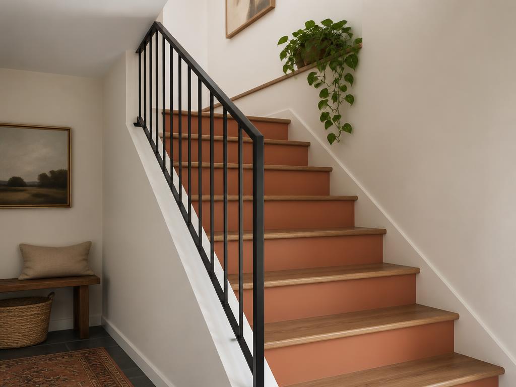 Staircase with black railing and warm painted risers