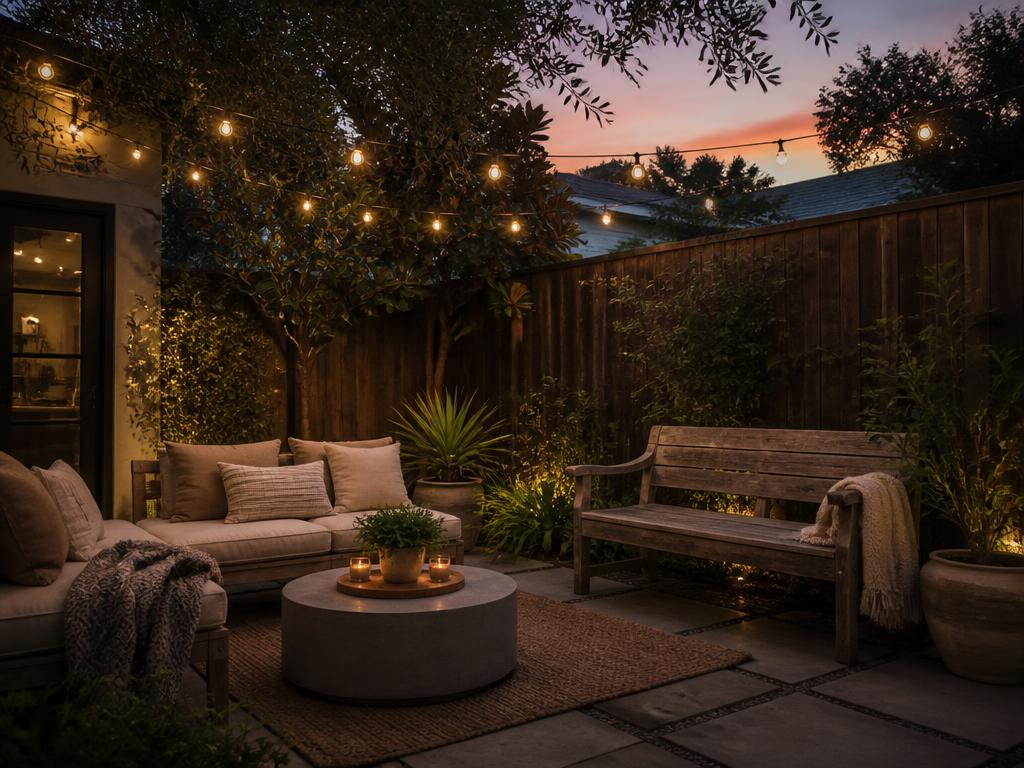 Cozy backyard patio with string lights and wooden bench at dusk